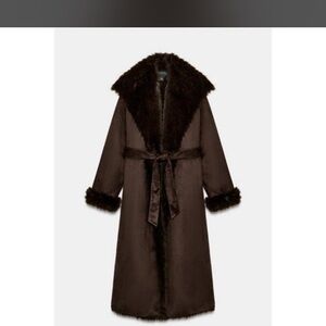 Zara Belted Faux Fur Brown Trench Coat
